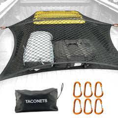 TacoNets front view of packaged cargo net showing included bag and labels and quick identification benefit