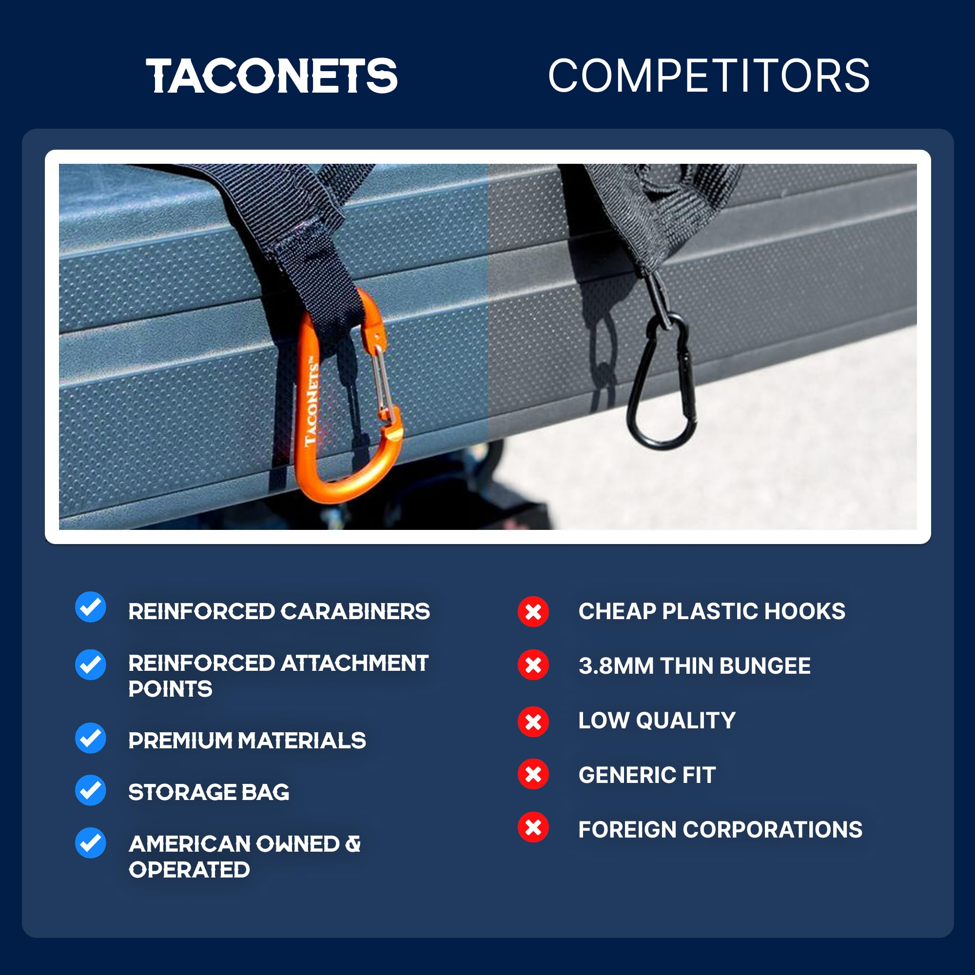TacoNets stretched across pickup truck bed holding gear showing stability and safe transport benefit