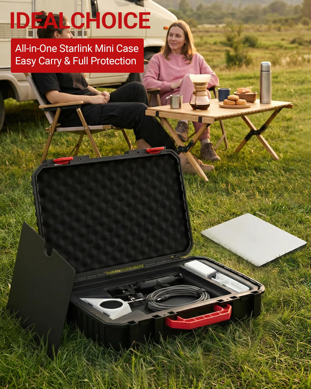 TAILBB case on a campsite table illustrating portable protection for outdoor Starlink setup