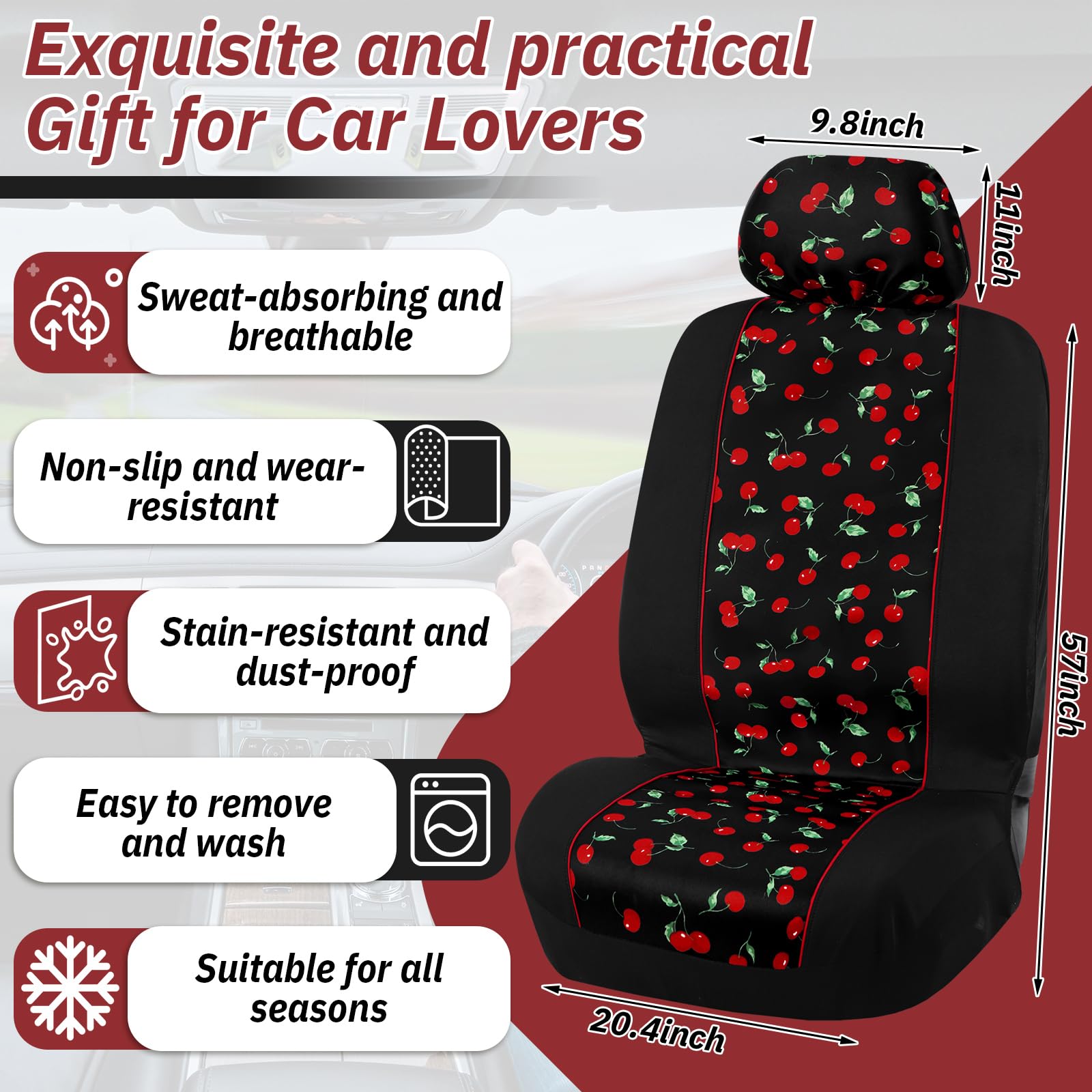 Tallew headrest covers close-up highlighting cherry print and snug fit