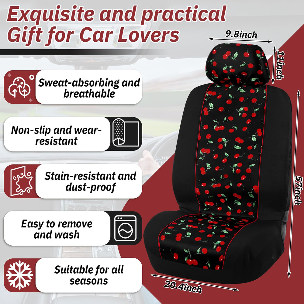 Tallew headrest covers close-up highlighting cherry print and snug fit
