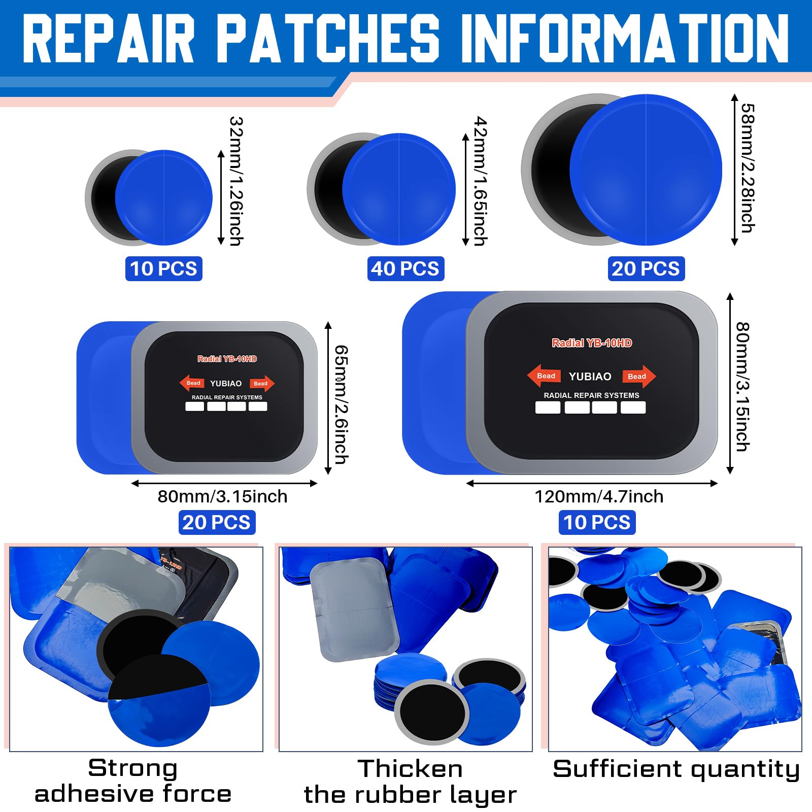 Tallew patches laid out by size showing five sizes for correct selection