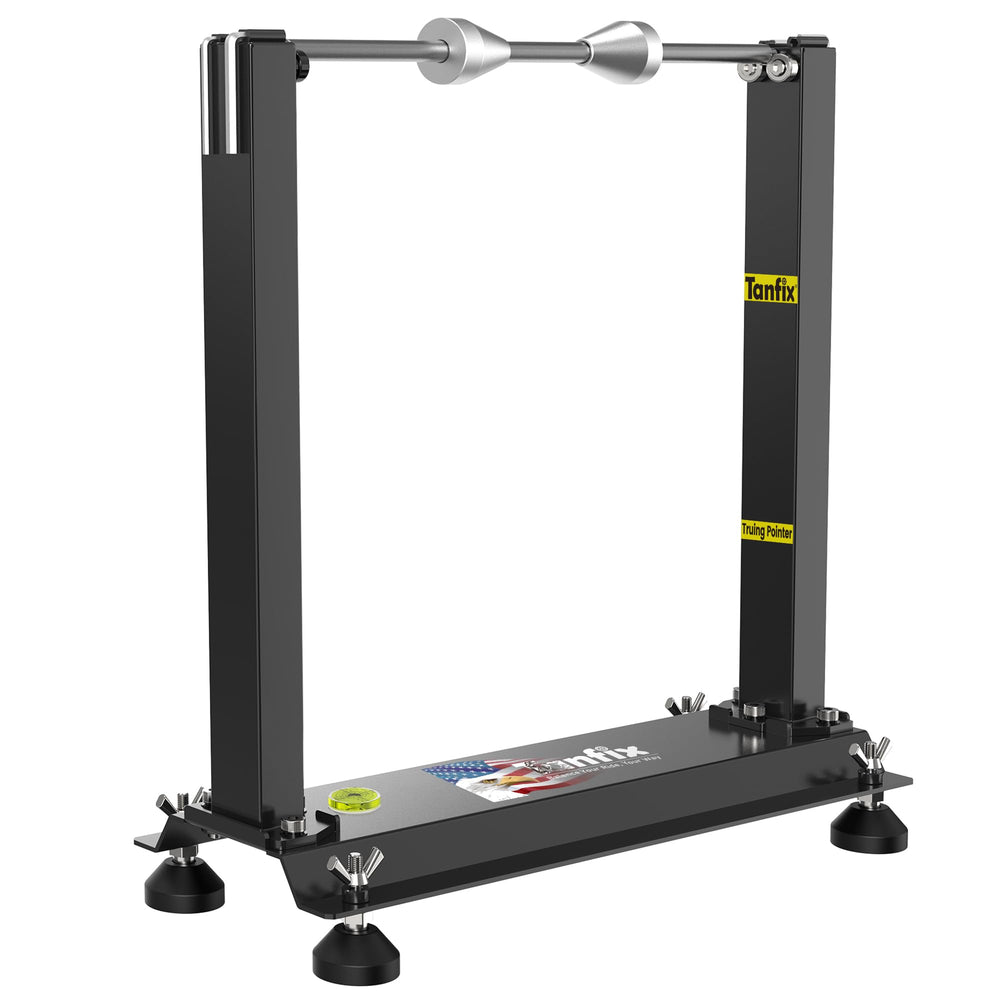 Tanfix front view of balancer showing compact steel frame and spindle for stable balancing