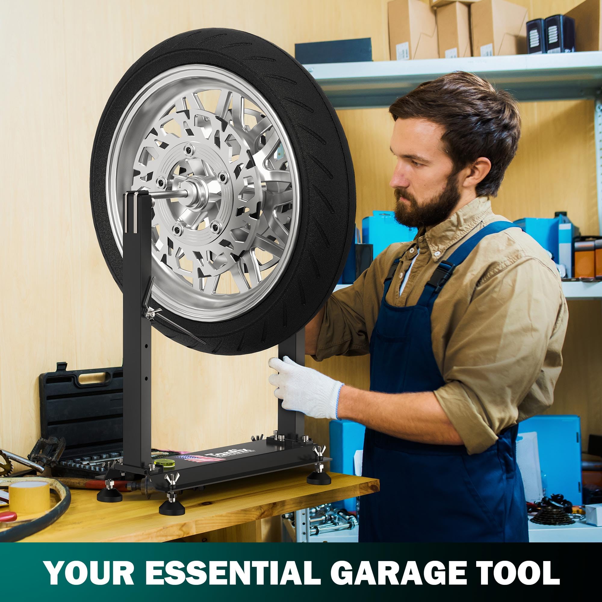 Tanfix in garage lifestyle image showing practical use by a rider