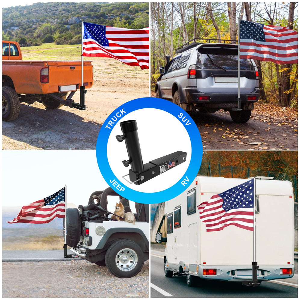 tanfix mounted on RV at tailgate event showing reliable flag display
