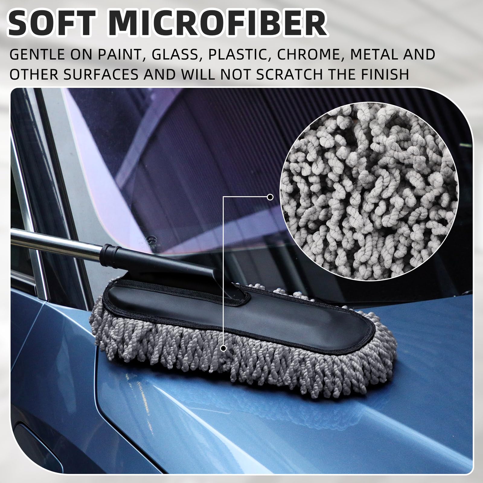 Tanlade extended stainless-steel handle reaching roofline for effortless cleaning