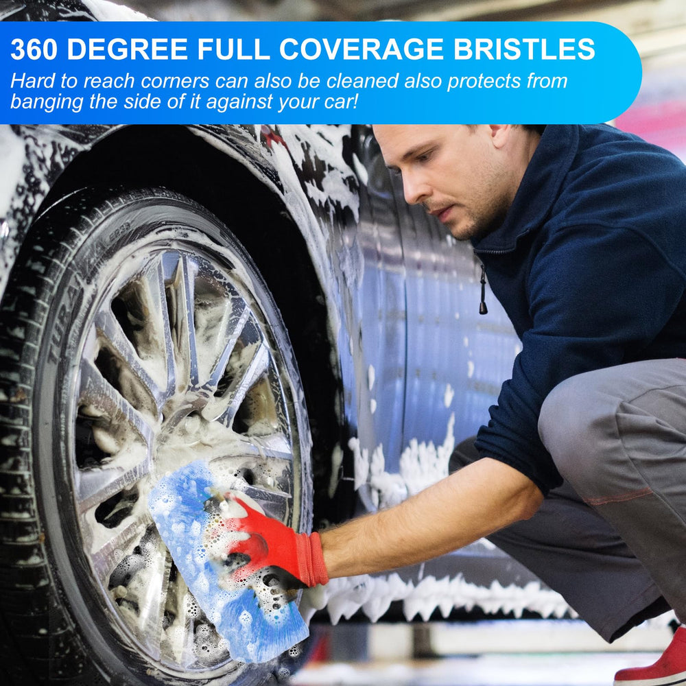 Tanlade brush head in use washing a car roof showing reach and continuous water flow benefit