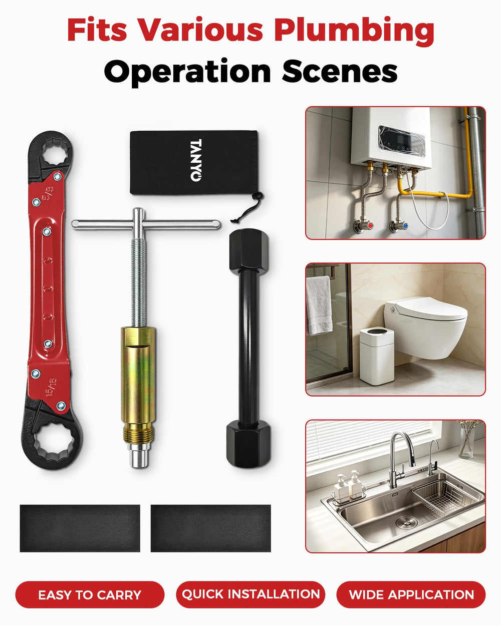 TANYO wrench being used under a sink to loosen an angle stop nut in a cramped cabinet