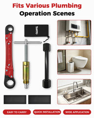 TANYO wrench being used under a sink to loosen an angle stop nut in a cramped cabinet