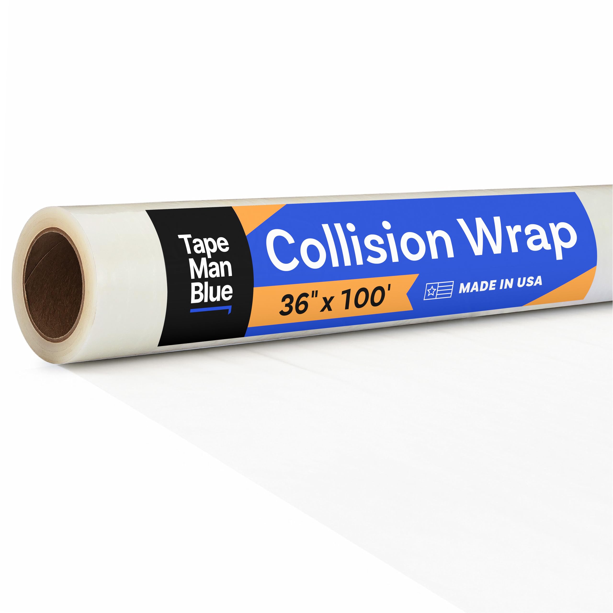 TapeManBlue roll front view showing clear crash wrap for quick sealing
