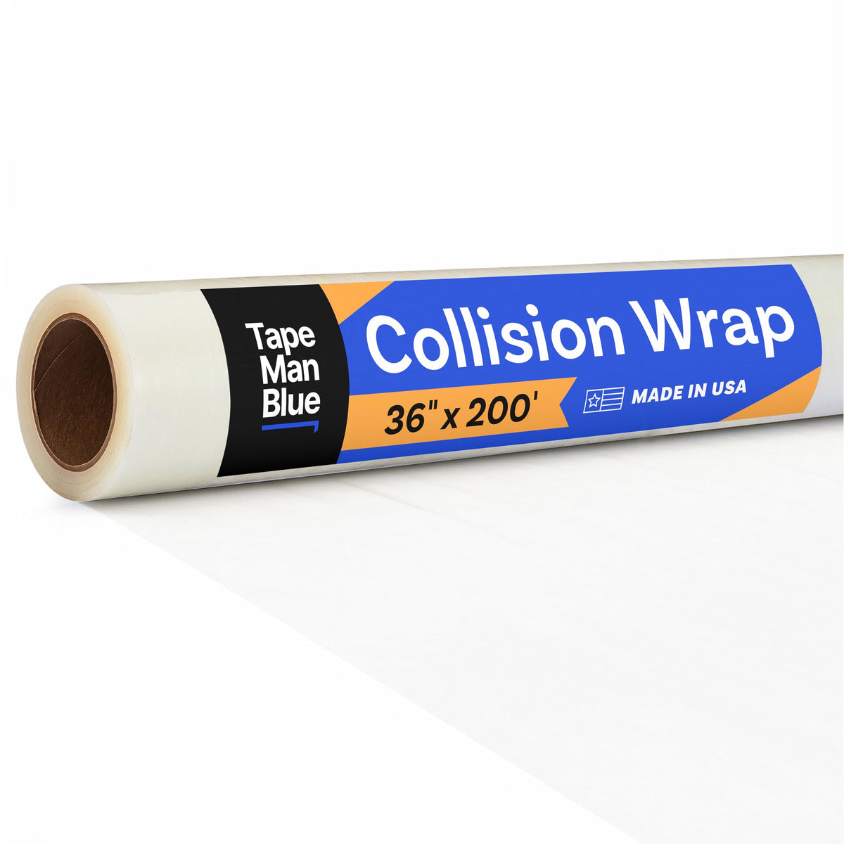 TapeManBlue front roll view showing clear crash wrap and label benefits
