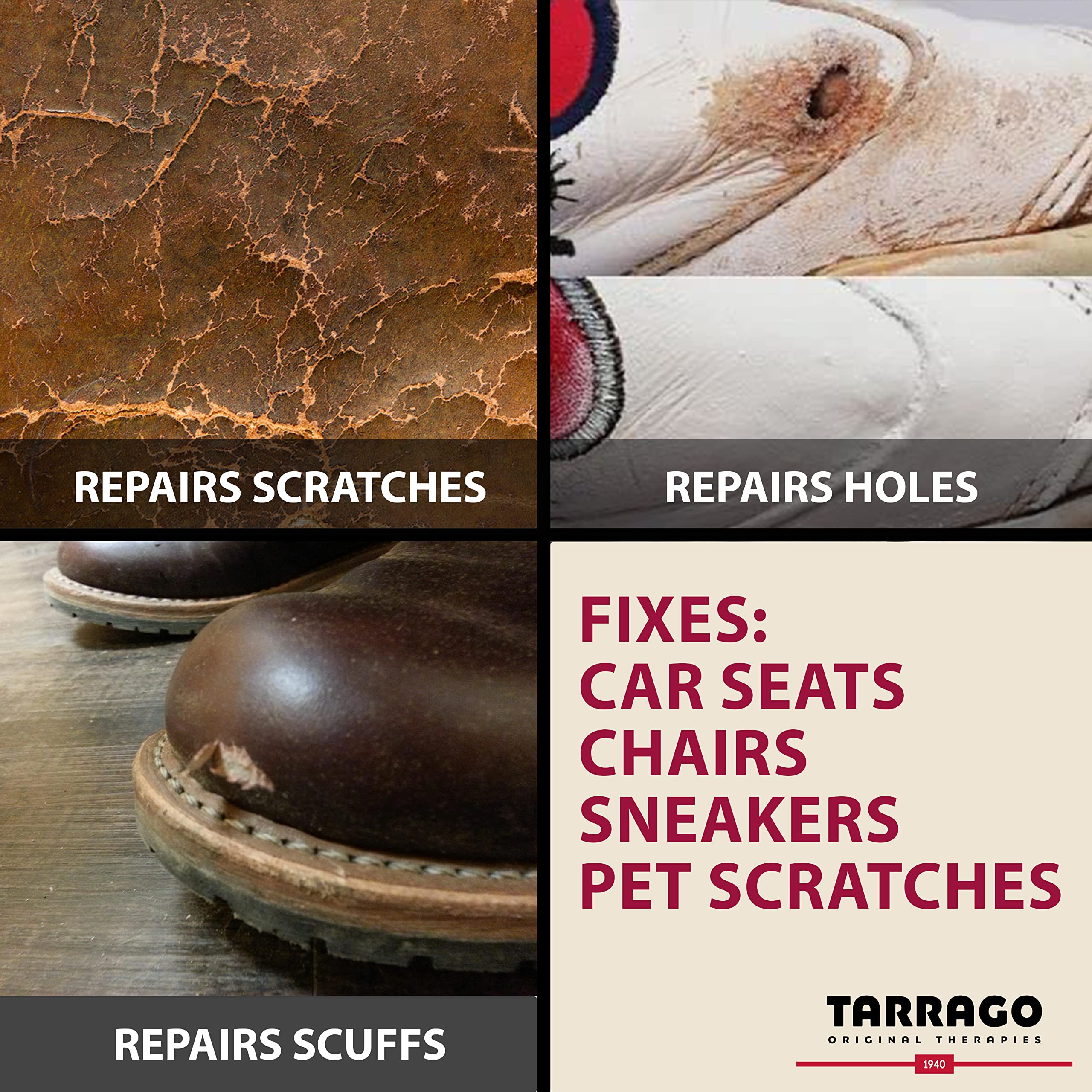 Tarrago filling paste before and after car seat repair showing restored look