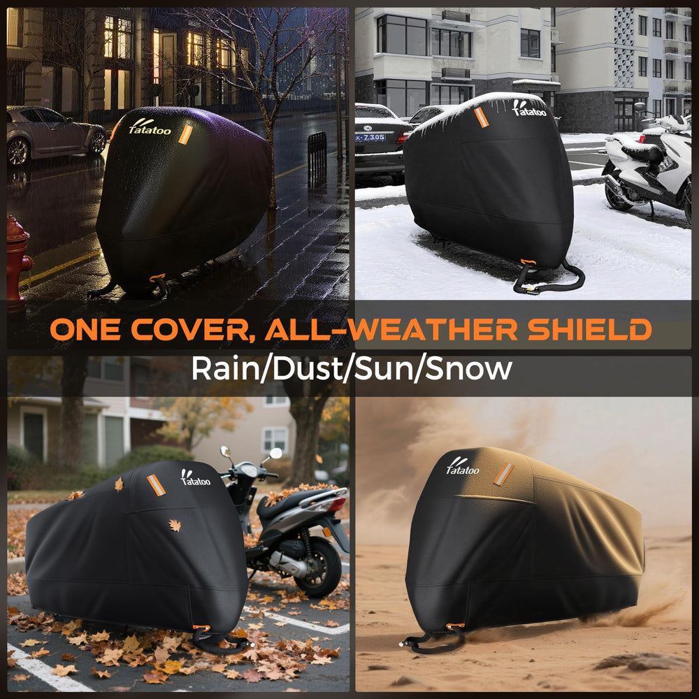 TATATOO on motorcycle in driveway demonstrating outdoor element protection