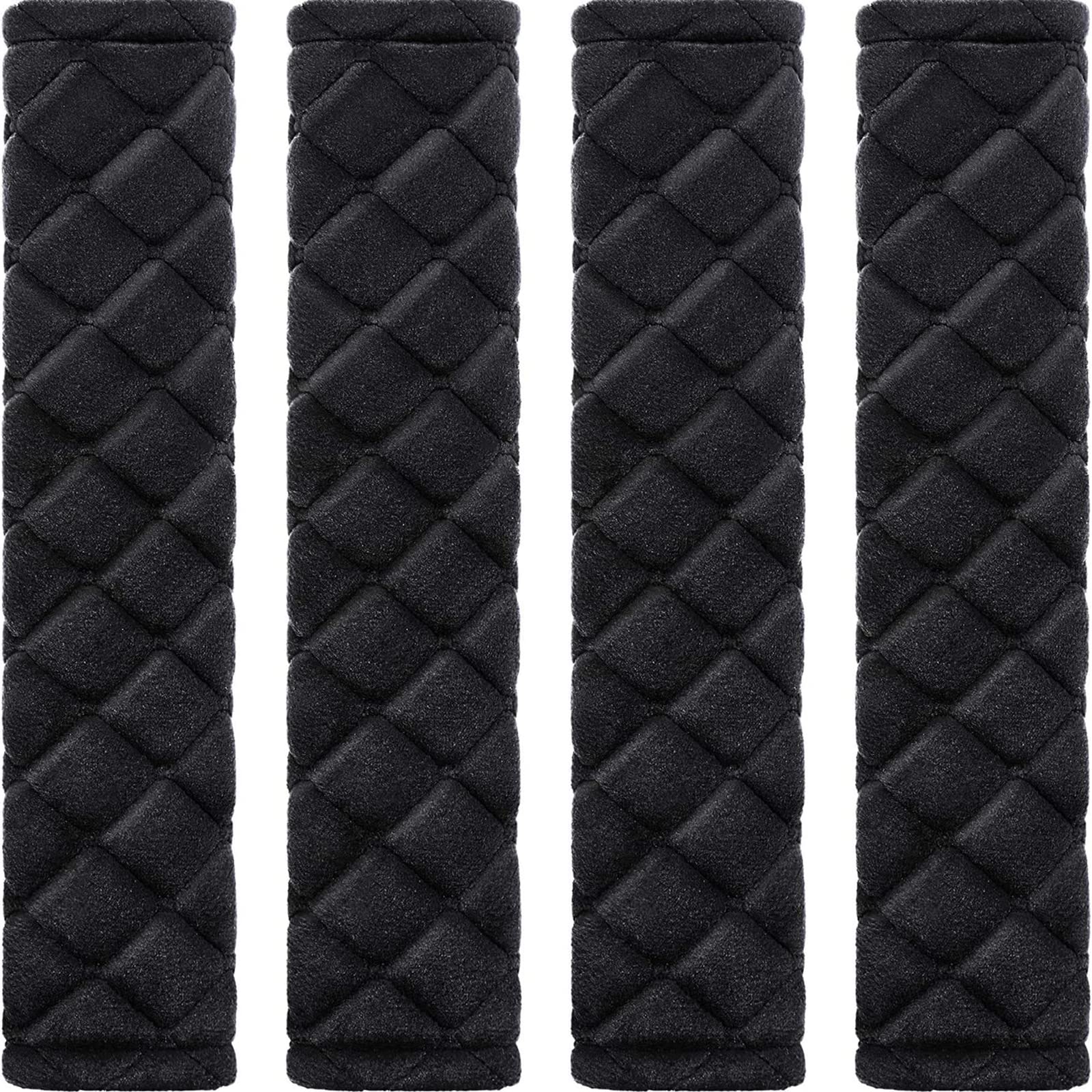 Tatuo front view of four black seat belt pads showing neat pack and style benefit