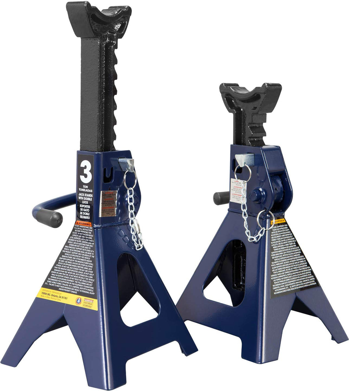TCE front view of two blue jack stands showing sturdy construction and safe support