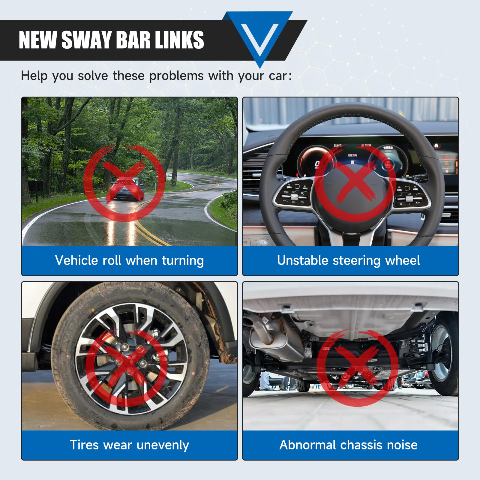 TCHENPART sway link installed on suspension demonstrating restored connection benefit