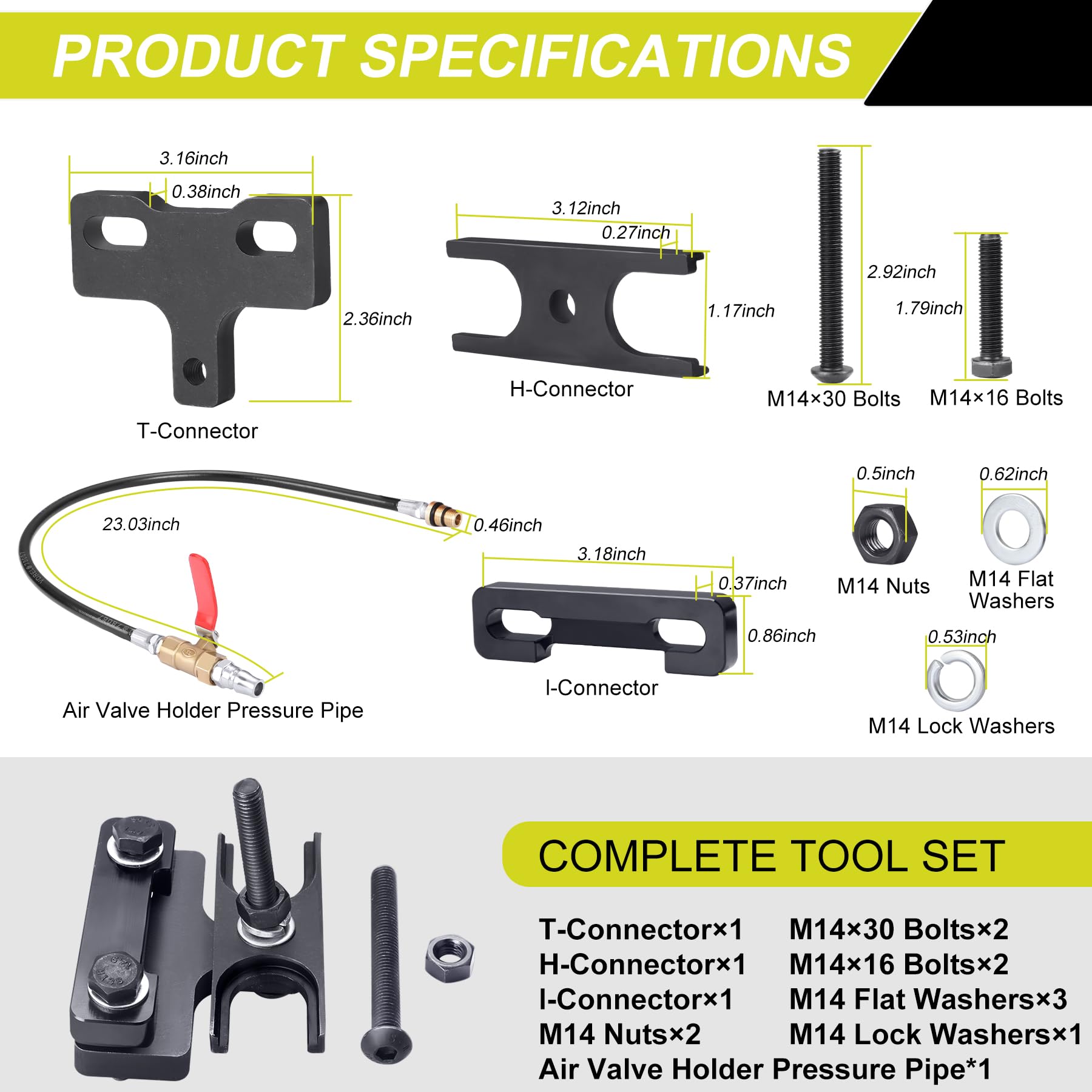 TCHENPART kit components laid out illustrating included compressor, adapter and hose
