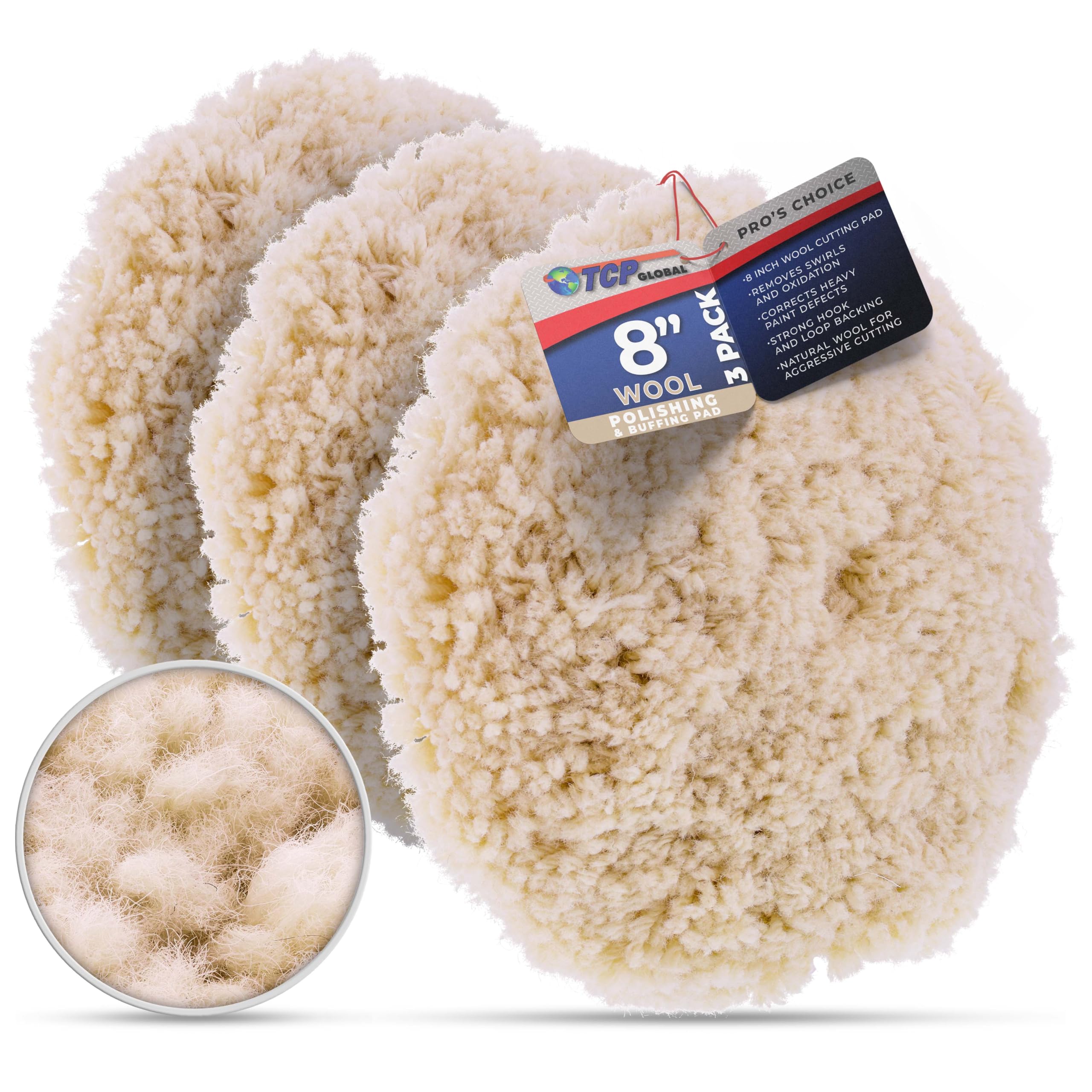 TCP Global 8-inch wool pad front view showing full face and polishing benefit