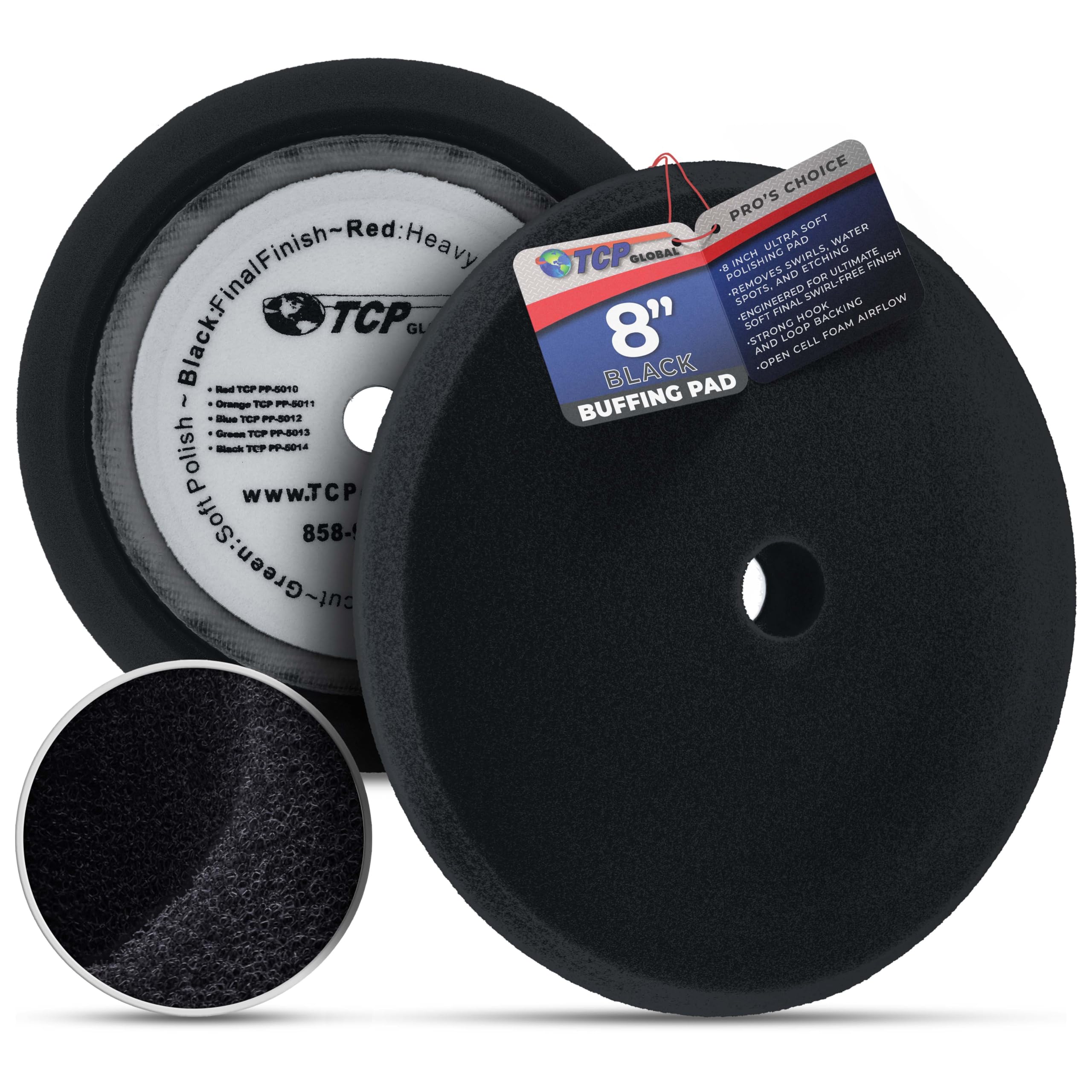 TCP Global 8-inch black foam buffing pad front view showing full face for smooth application