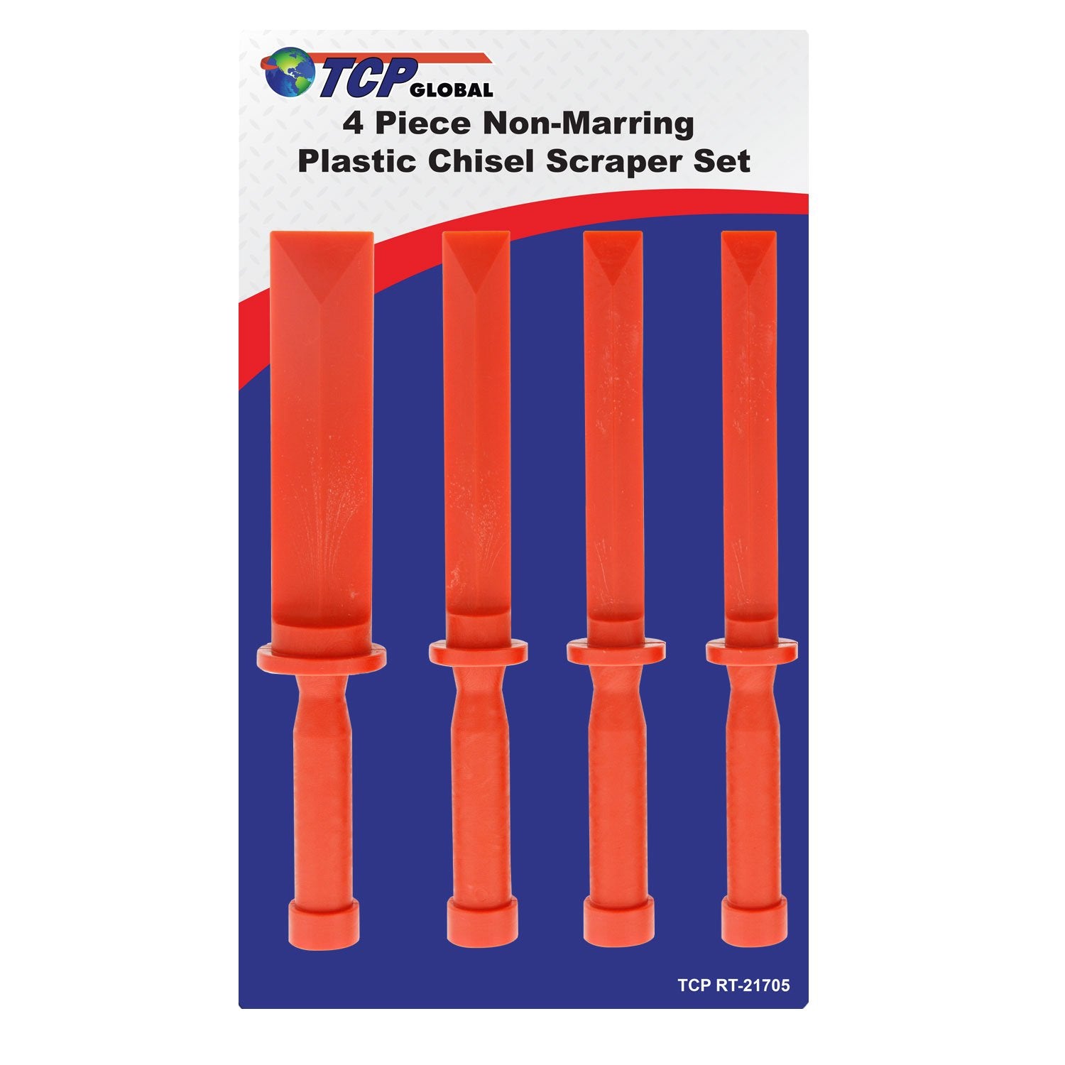 TCP Global four-piece scrapers front view showing sizes and ergonomic handles for secure grip