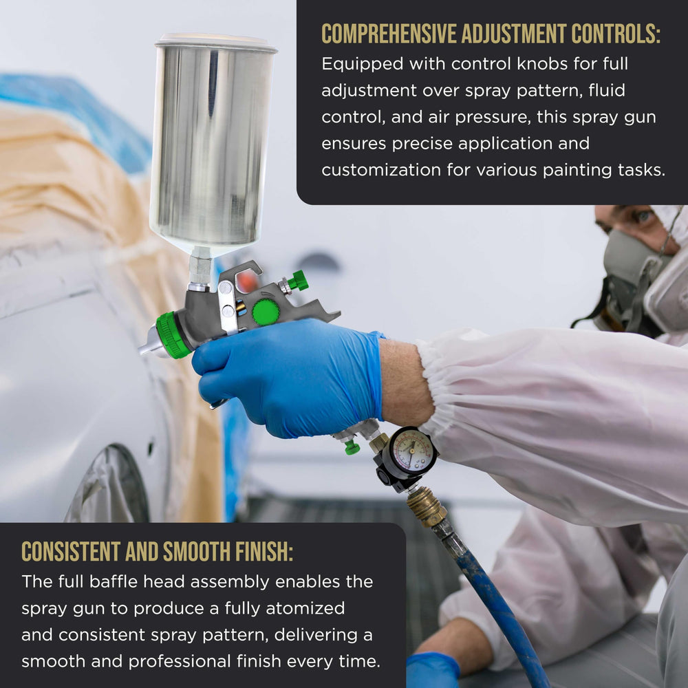 TCP Global spray gun in use on car panel showing consistent finish application and professional results