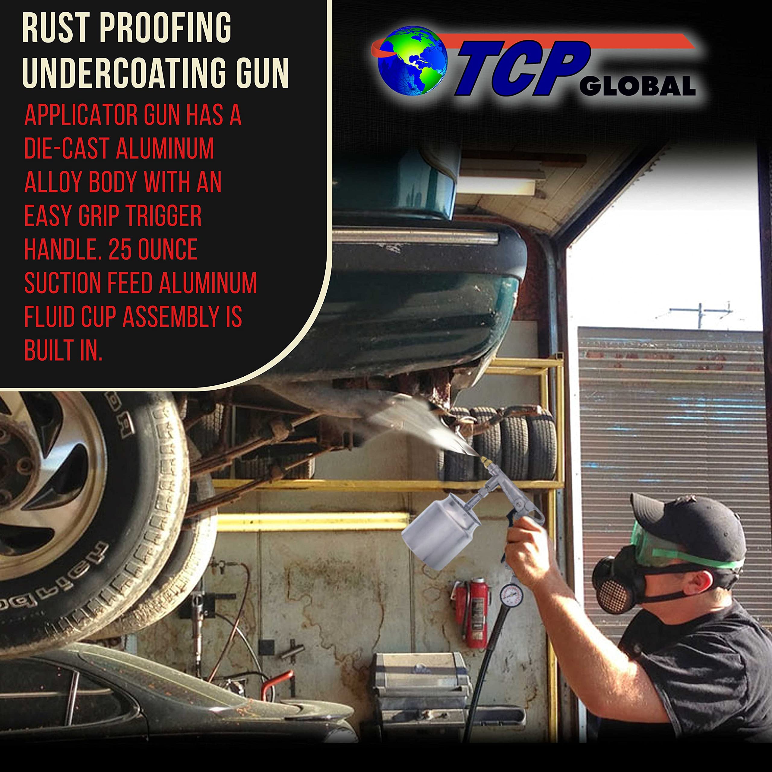 TCP Global gun spraying undercarriage to demonstrate reach and protective coating