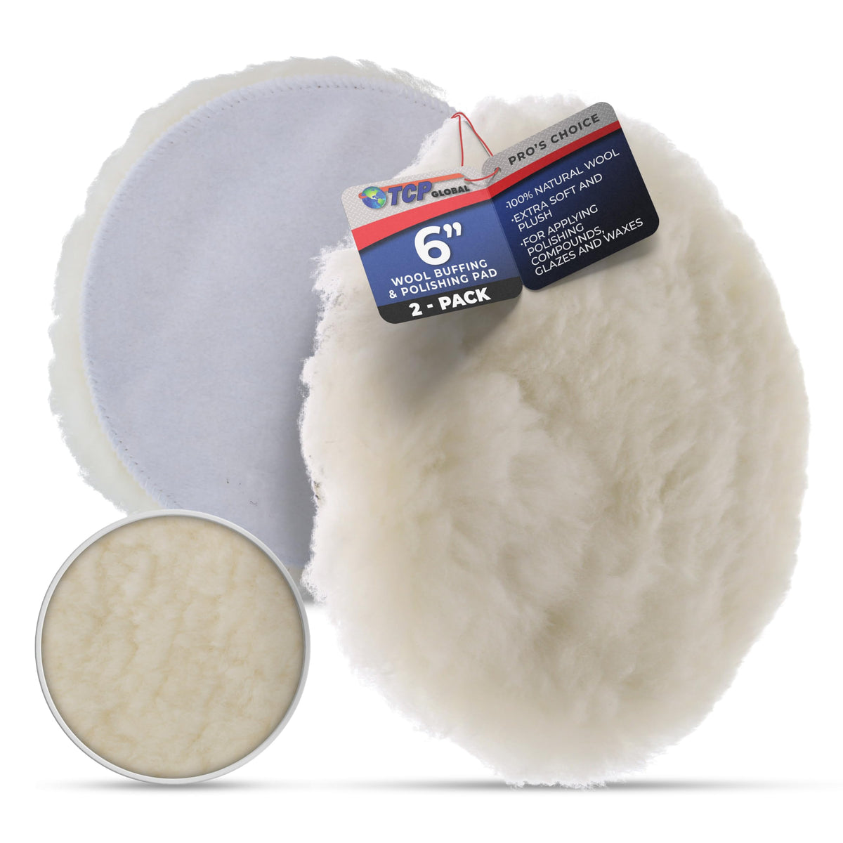 TCP Global front view of two 6-inch wool pads showing packaging and contents benefit of ready pair