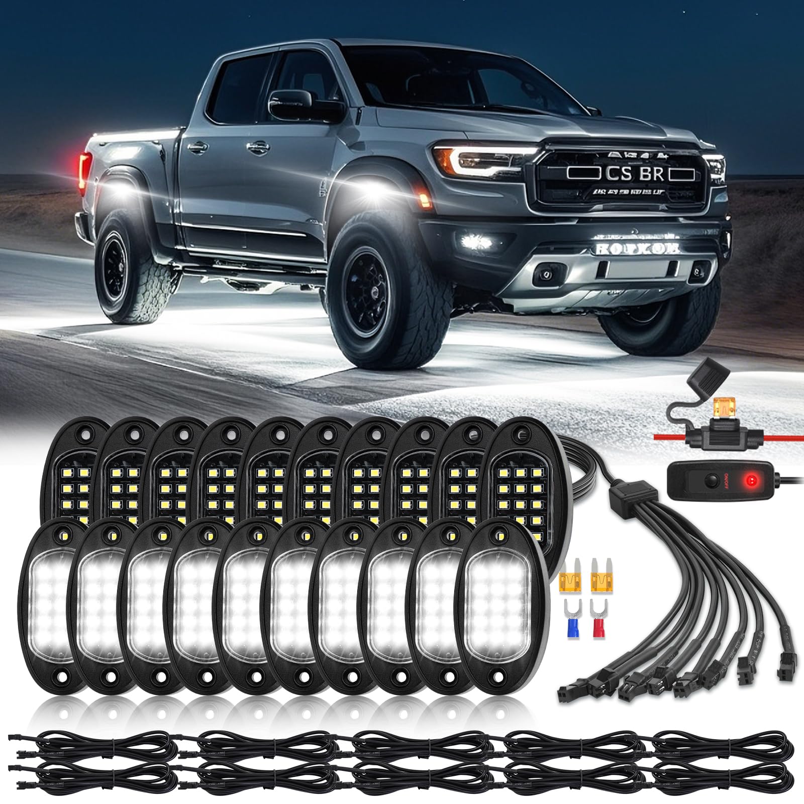 TDE Explorer.Lighting front view of 20 LED pods showing complete kit and packaging for quick install benefits
