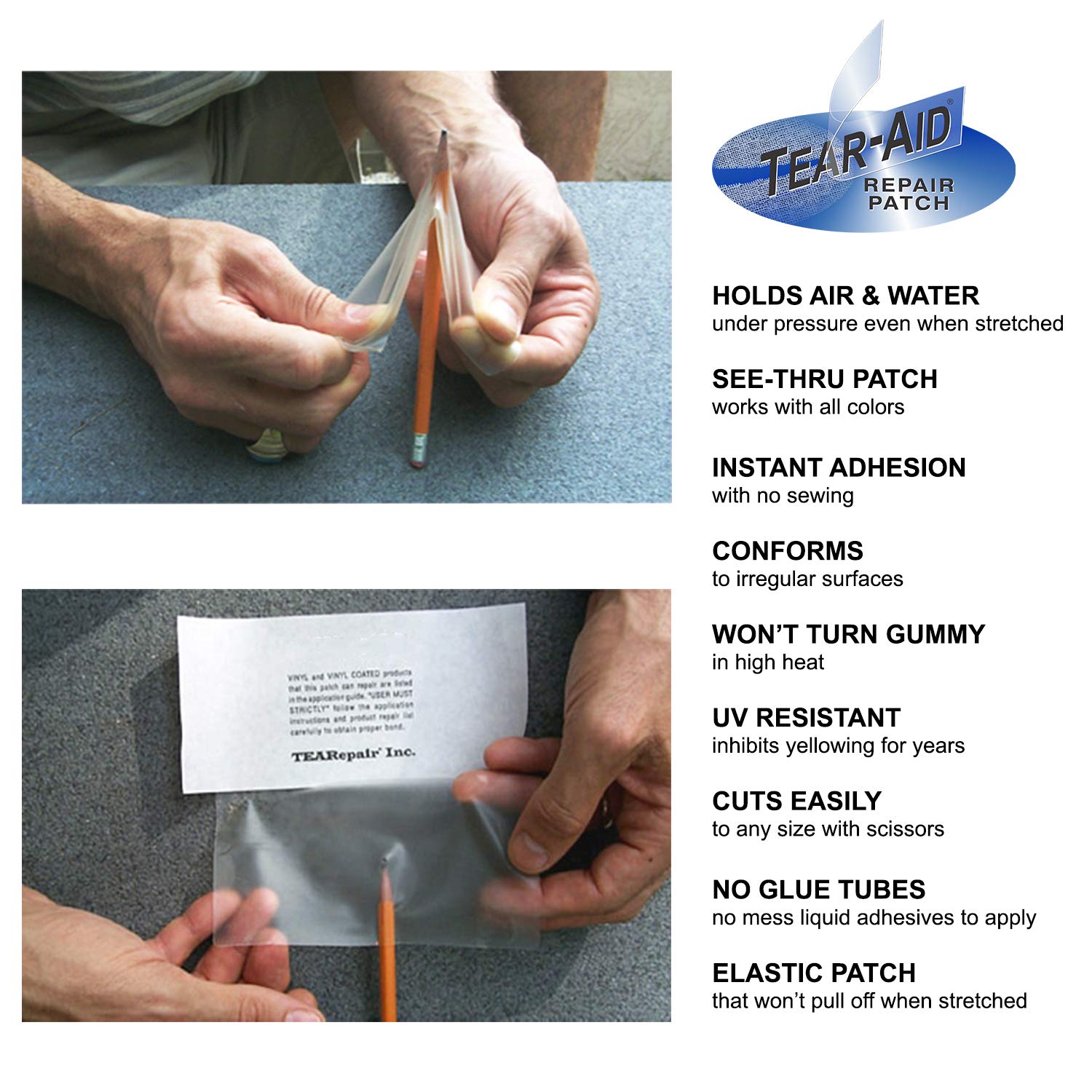 TEAR-AID patch applied to an inflatable boat seam illustrating waterproof flexible repair