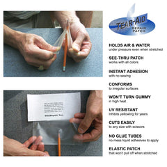TEAR-AID patch applied to an inflatable boat seam illustrating waterproof flexible repair