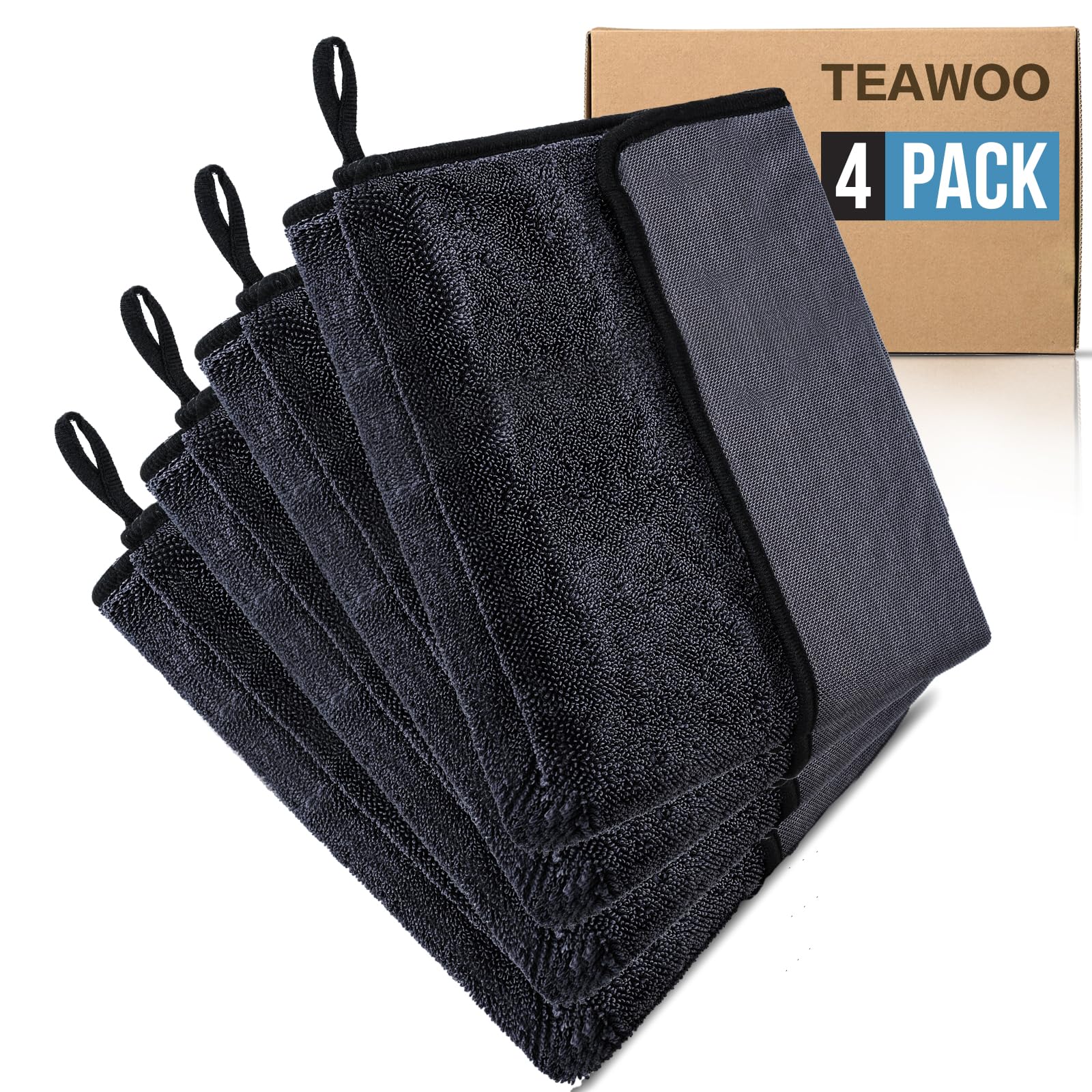 TEAWOO pack front view showing four folded towels and packaging benefit quick access