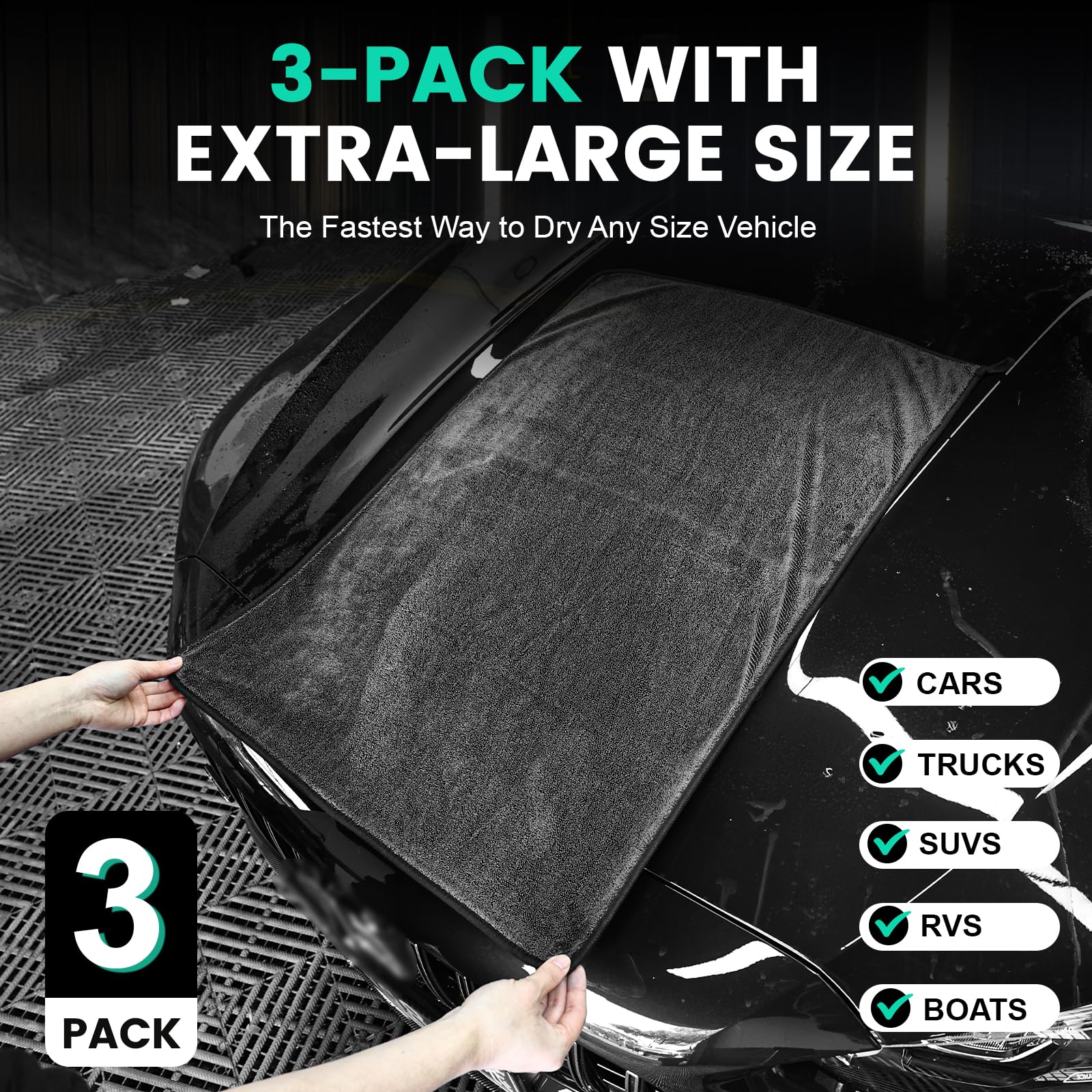 TEAWOO towel in hand soaking water from car surface for faster drying