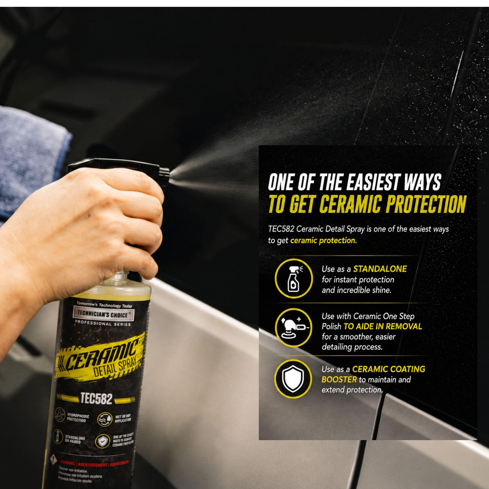 Technicians Choice TEC582 on black plastic trim demonstrating restored shine and reduced dust cling