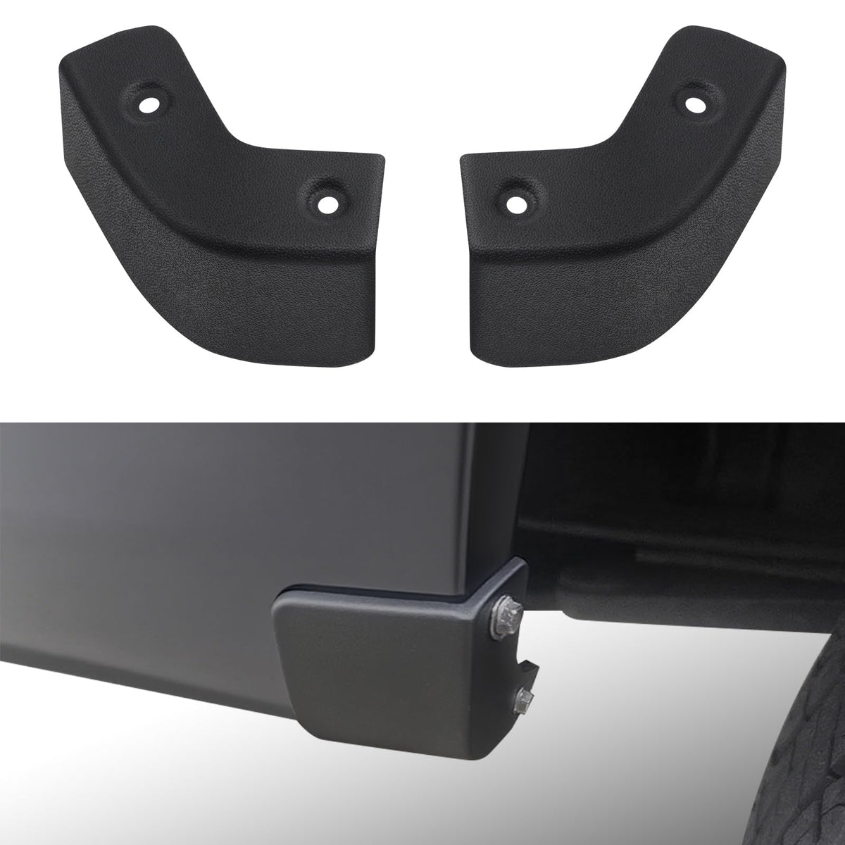 TECHPICCO front view of packaged mud flap delete kit showing contents and benefit