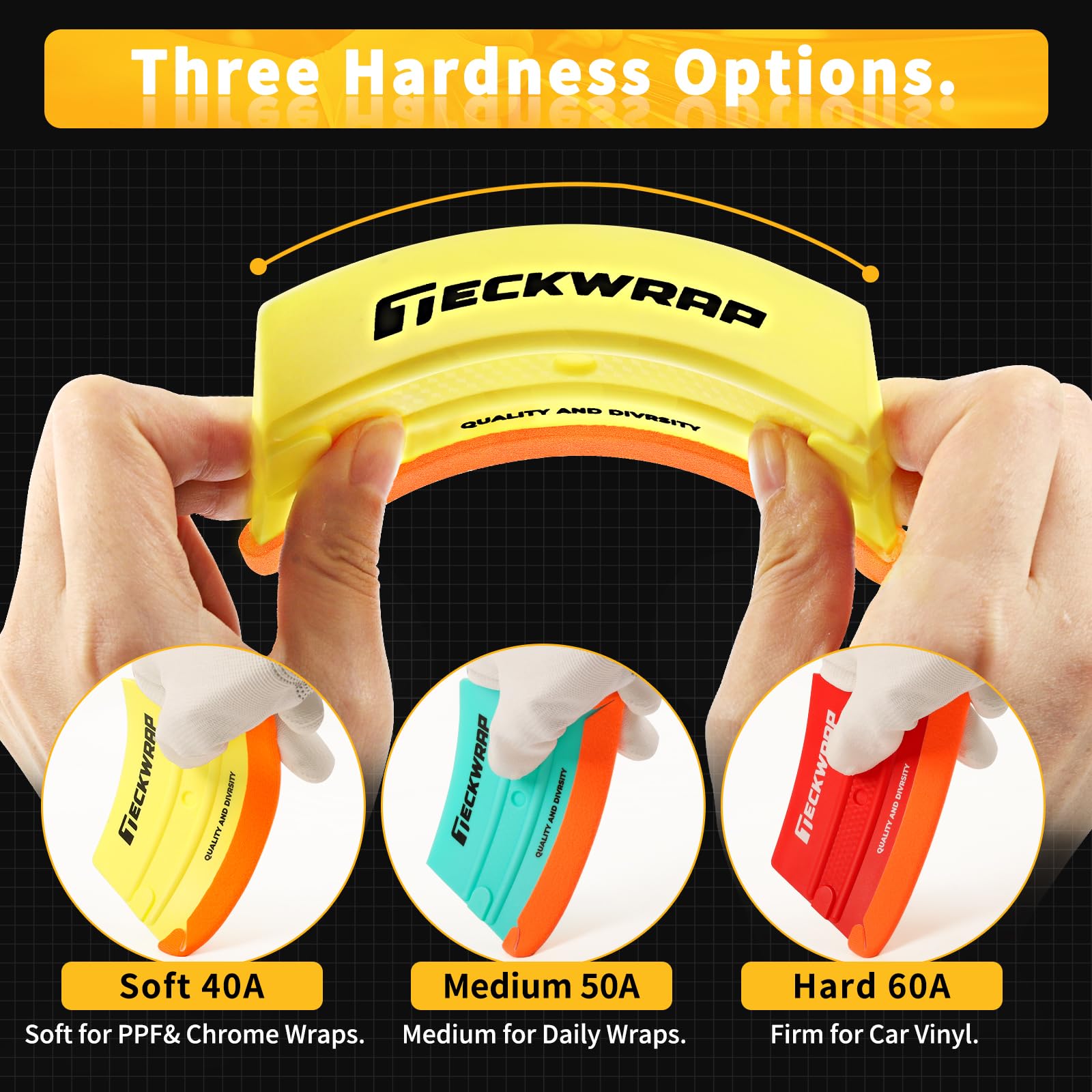 TECKWRAP three color-coded squeegees for soft medium hard selection benefit