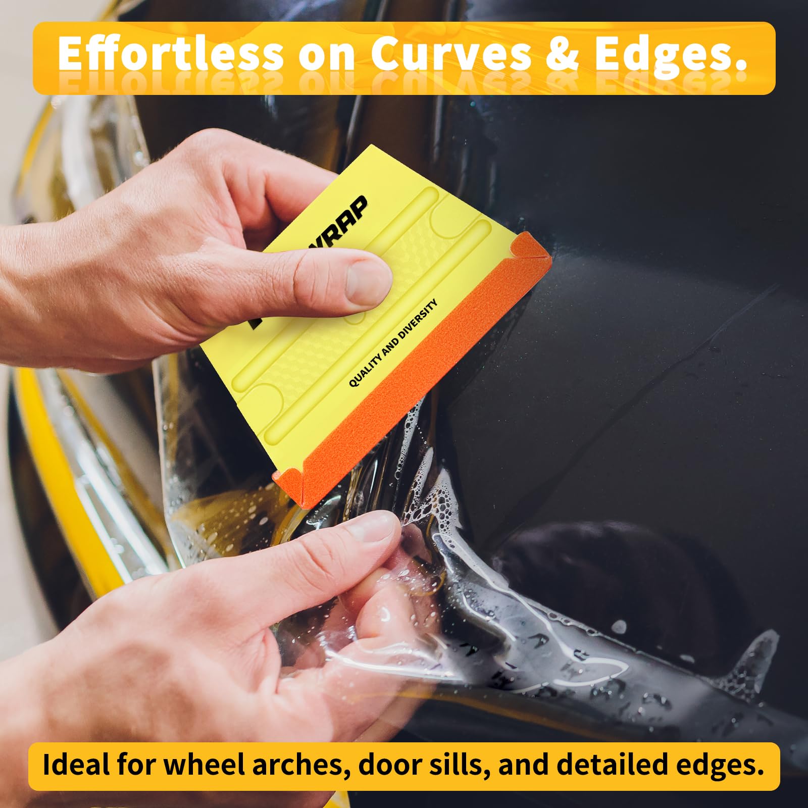 TECKWRAP in use pressing vinyl on car curve for smooth adhesion