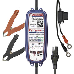 Tecmate OptiMate 2 Duo front view showing compact durable charger and benefits