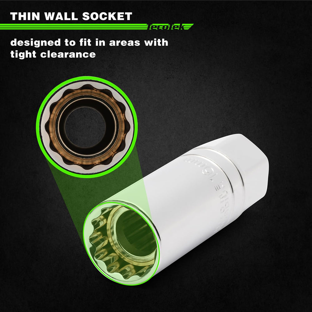 TecoTek 6-point 9/16" 5/8" 13/16" sockets close-up for high-torque grip benefit