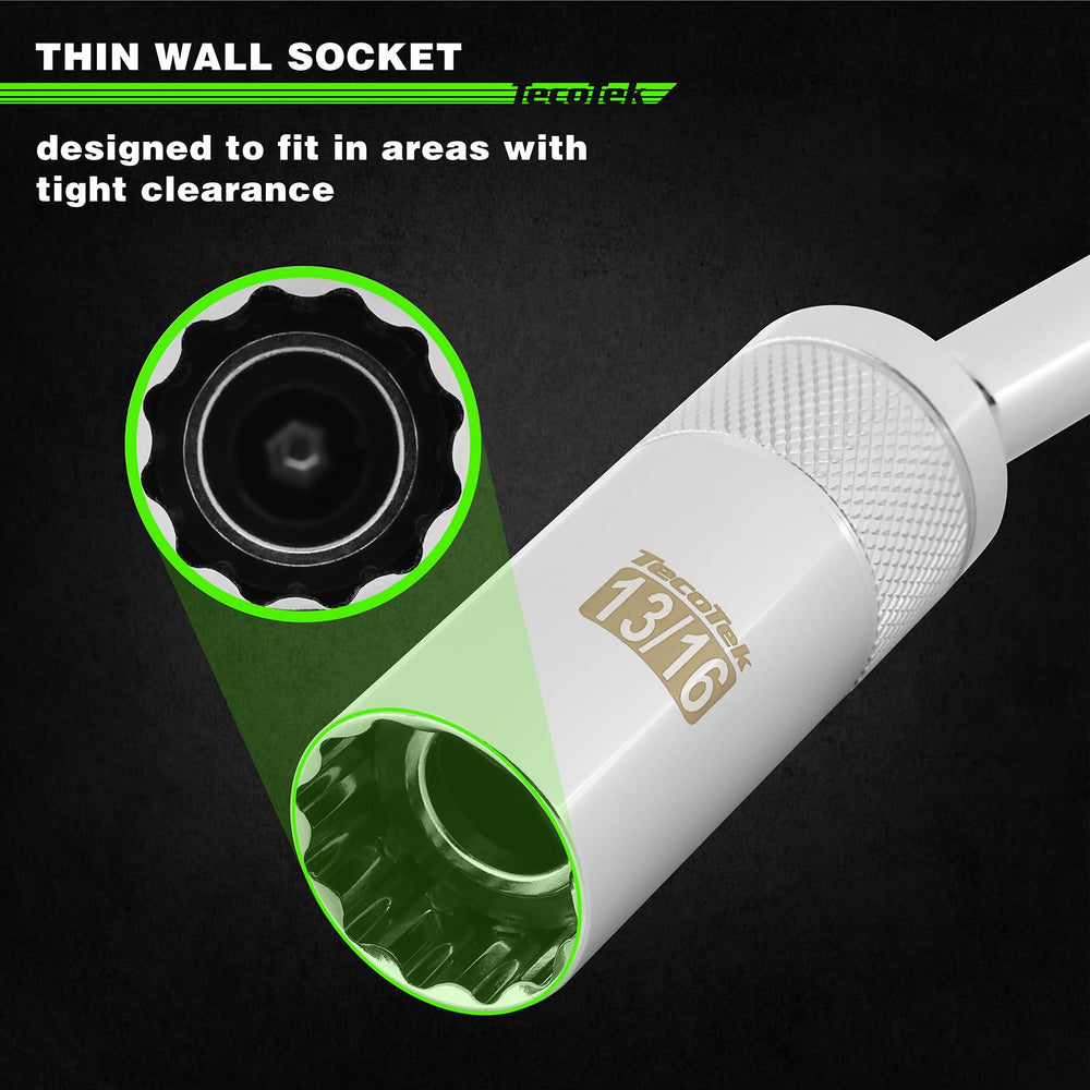 TecoTek long-reach socket in use rescuing a deep recessed spark plug quickly