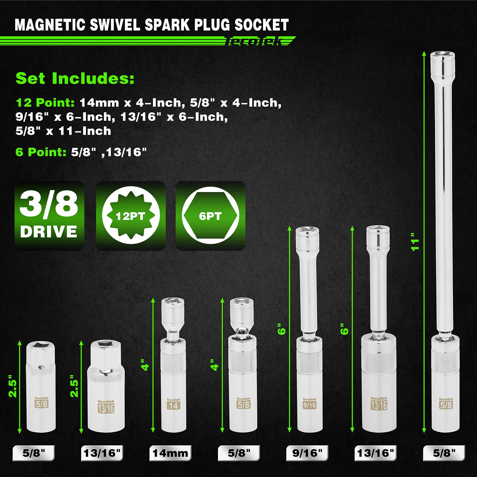 TecoTek socket lineup displaying sizes and 6-point and 12-point profiles for correct fit