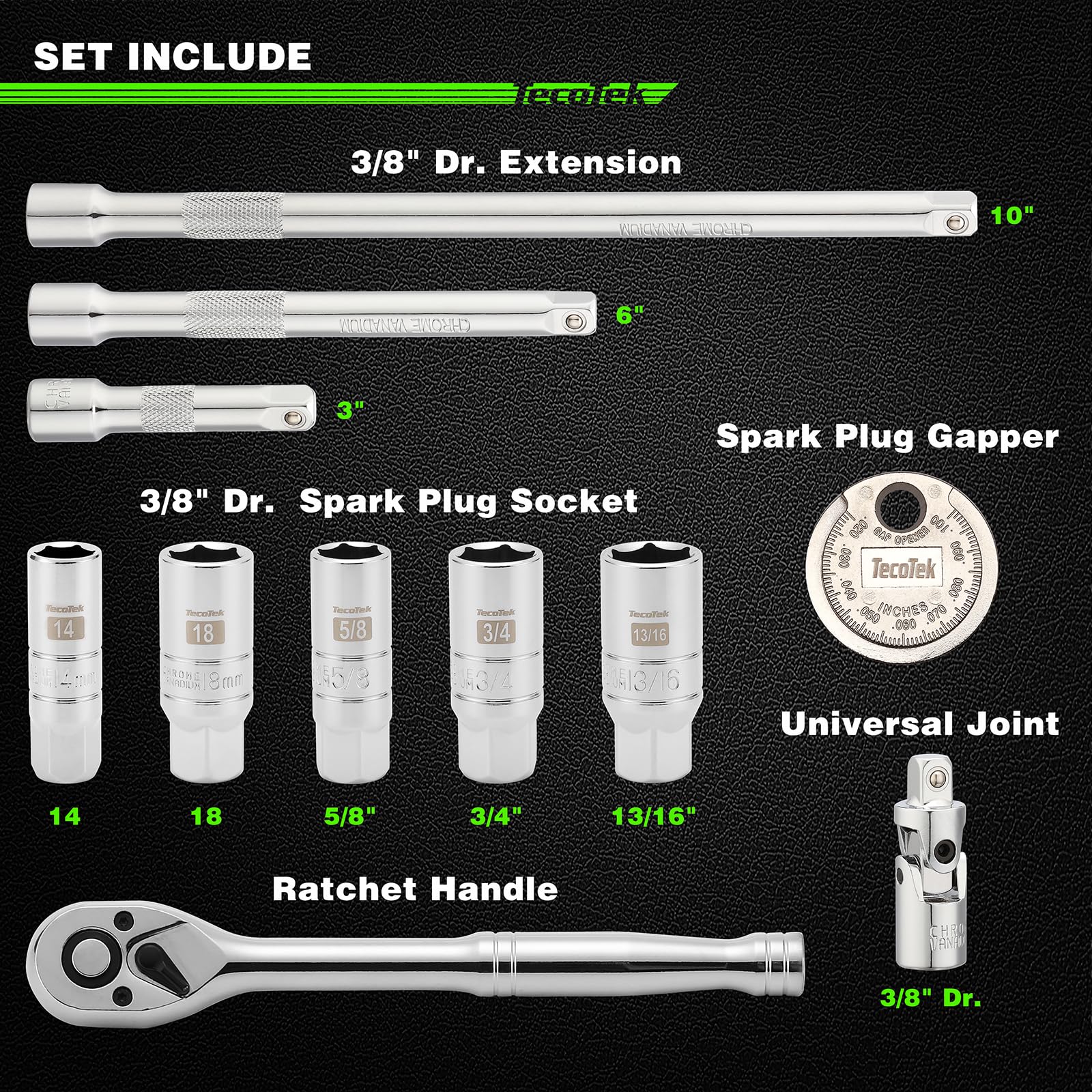 TecoTek sockets and tools laid out to show included sizes and accessories