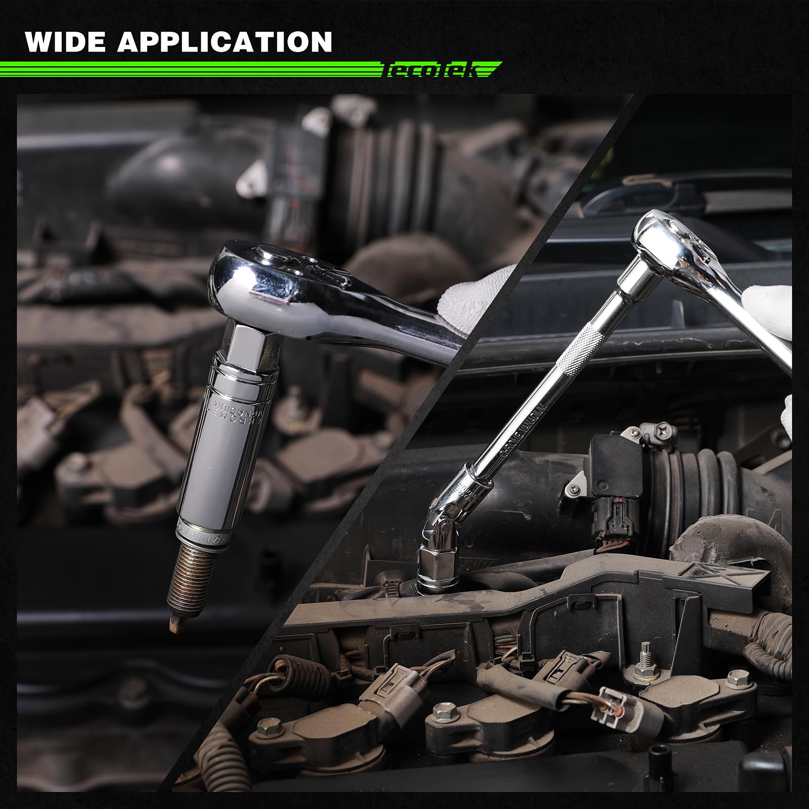 TecoTek socket attached to ratchet removing spark plug in engine bay for convenience