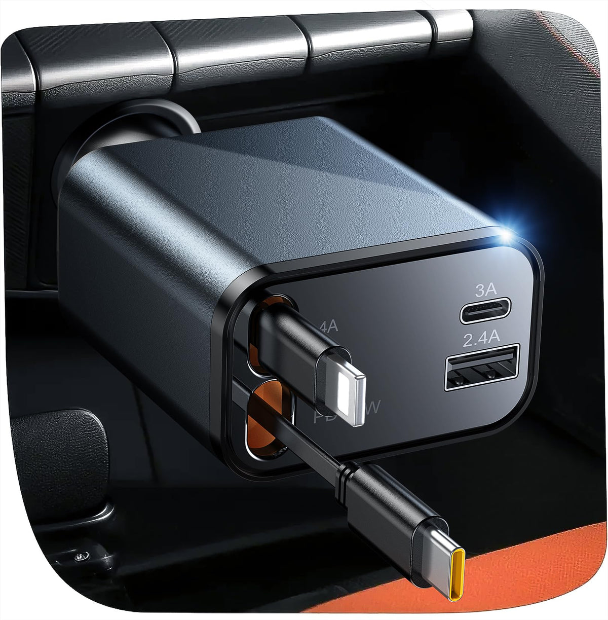 Temdan front view of charger showing ports and compact design for fast charging