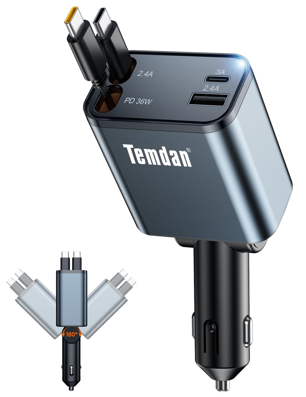 Temdan front view of retractable car charger showing neat integrated design and fast charging
