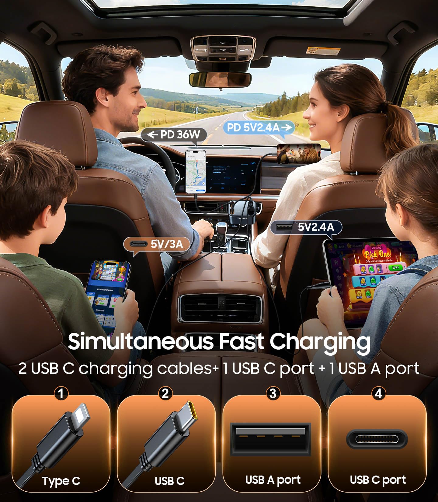 Temdan lifestyle road trip scene showing reliable charging for devices on the go