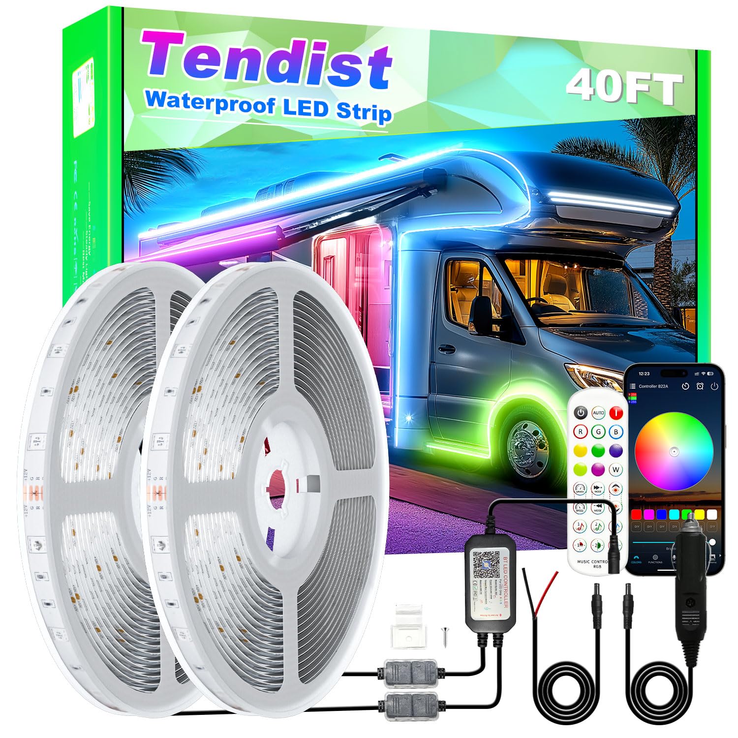TENDIST front packaging showing full 40ft awning LED kit and contents for quick setup
