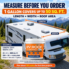Coated RV roof with a measuring tape showing coverage per gallon benefit