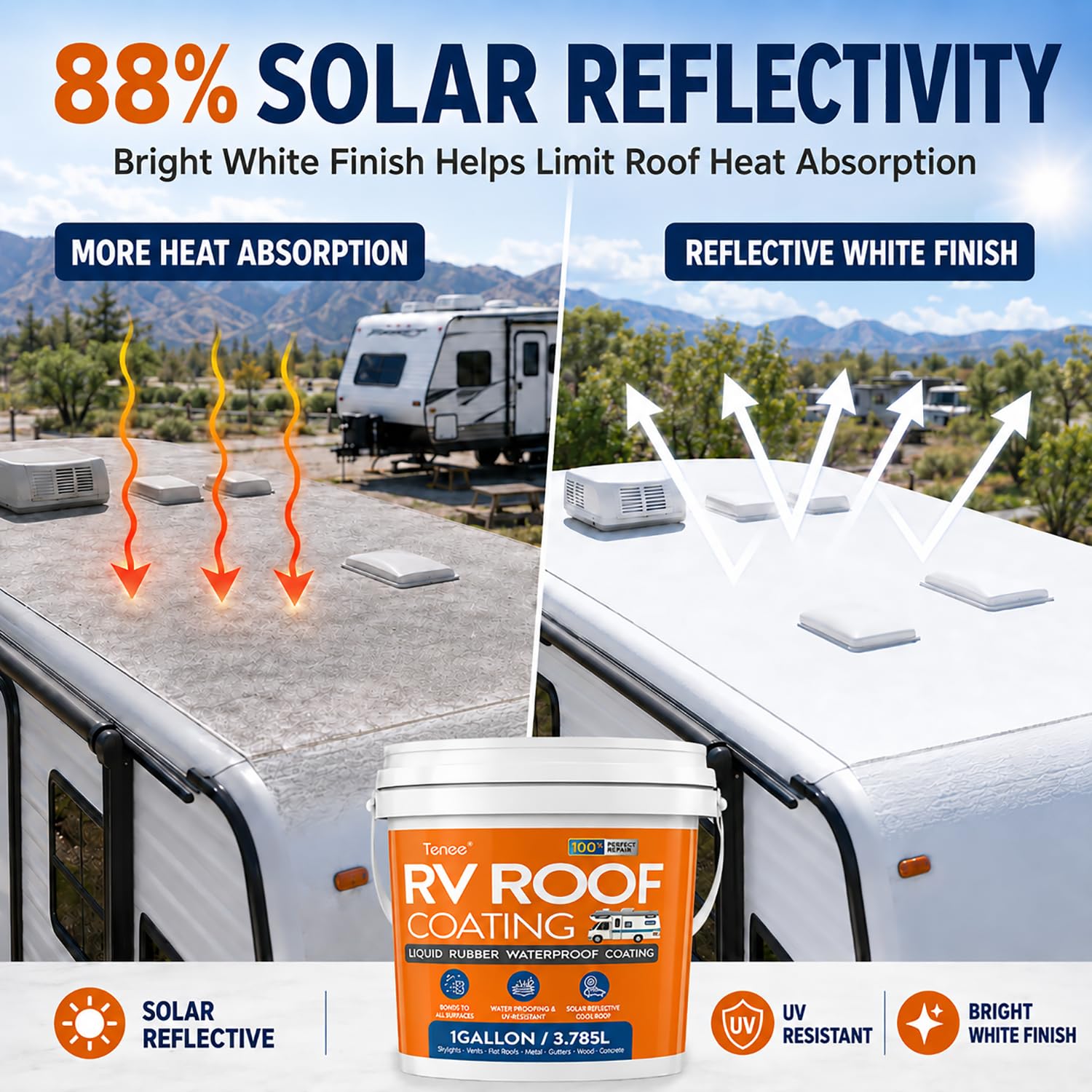 Motorhome roof finished with Tenee coating in sunlight showing reflective heat control benefit