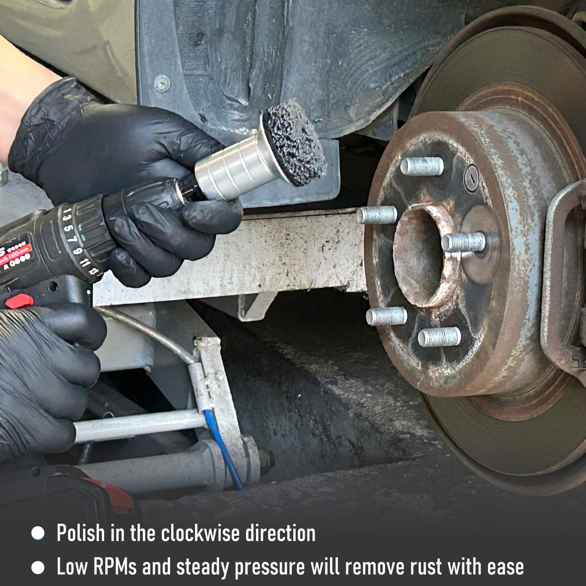 TEOFix in use on wheel hub demonstrating rust removal for better wheel seating