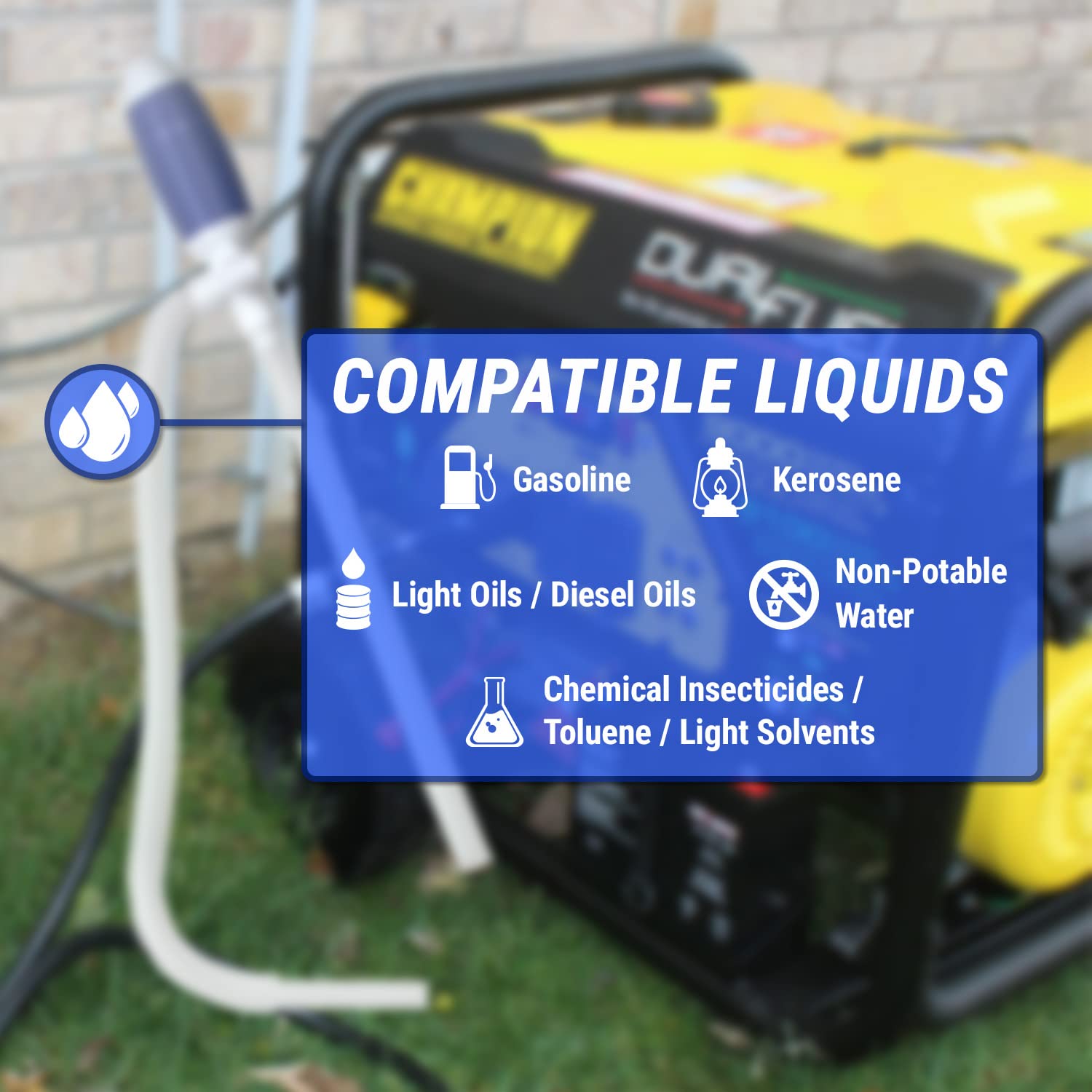 TERA PUMP siphoning gasoline from a can to generator demonstrating fast transfer